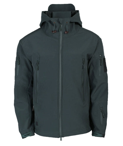 Dunkelgrüne Softshelljacke mit Kapuze, Reißverschlusstaschen, Outdoor-Bekleidung, Herrenmode.