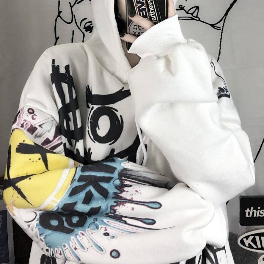 Weißer Hoodie mit Graffiti-Design, bunte Ärmel, Streetwear, Unisex, Baumwolle
