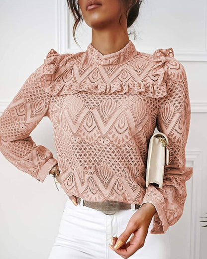 Damen Bluse aus Spitze, rosa, langärmelig, Rüschen, elegant, modisch, für Büro oder Freizeit.