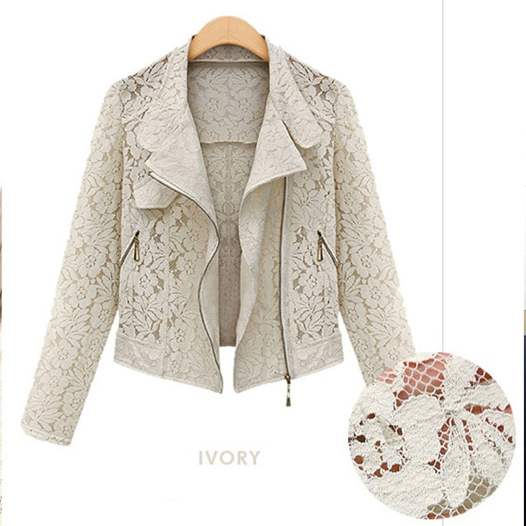 Elfenbeinfarbene Damen-Spitzenjacke, florales Muster, Reißverschluss, modisch, elegant.
