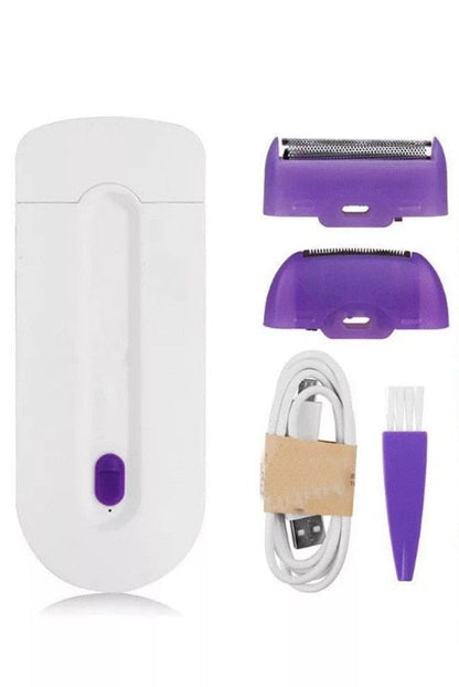 Elektrischer Damenrasierer Set, weiß-lila, mit USB-Kabel und Reinigungsbürste.
