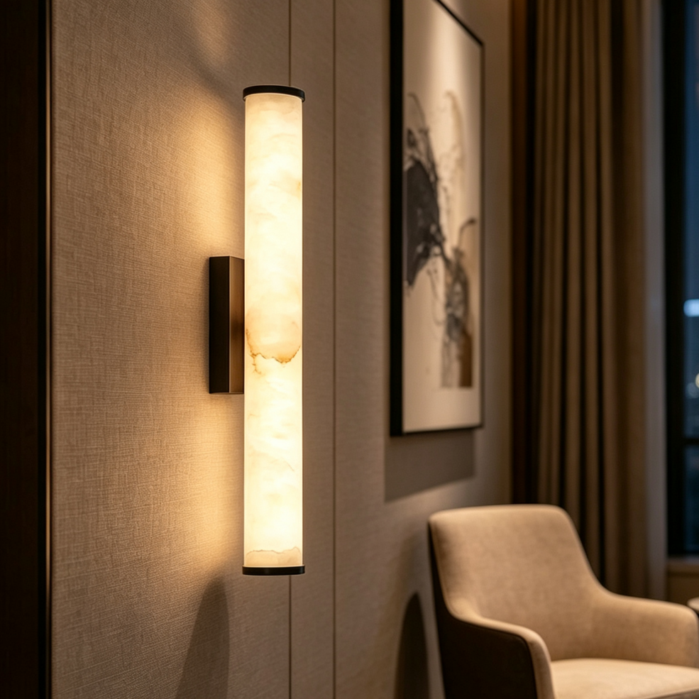 Närbild på upplyst marmorlampa med svart fäste på tygklädd vägg, med inramad konstverk och en beige fåtölj i bakgrunden. 12
