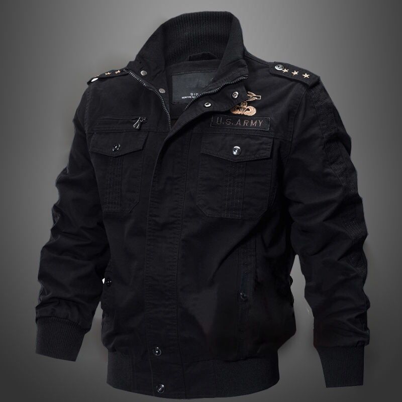 Schwarze Herren-Militärjacke, Baumwolle, mit Abzeichen, Reißverschluss, modisch, lässig.