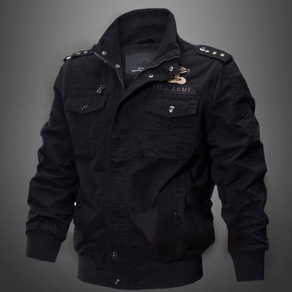 Schwarze Herren-Militärjacke, Baumwolle, mit Abzeichen, Reißverschluss, modisch, lässig.