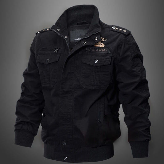 Schwarze Herren-Militärjacke, Baumwolle, mit Abzeichen, Reißverschluss, modisch, lässig.