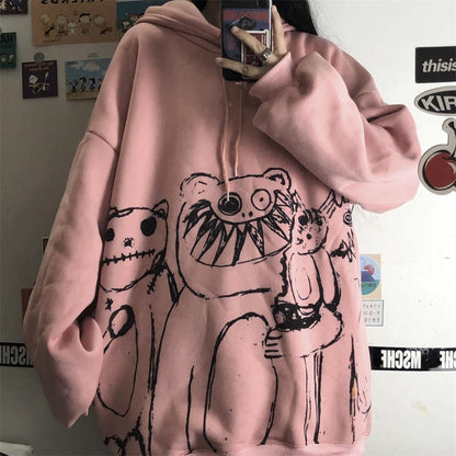Rosa Oversize-Hoodie mit abstraktem Monster-Design, Unisex, Baumwolle, Streetwear-Mode.