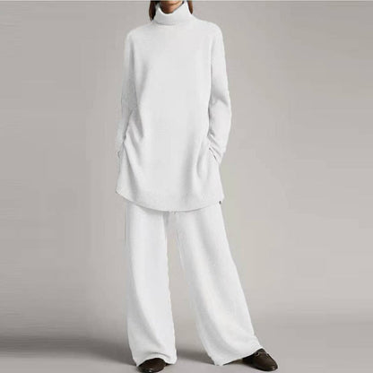 Damen weißer Strickpullover und Hose Set, lässig, bequem, modisch, Herbst-Winter-Outfit.