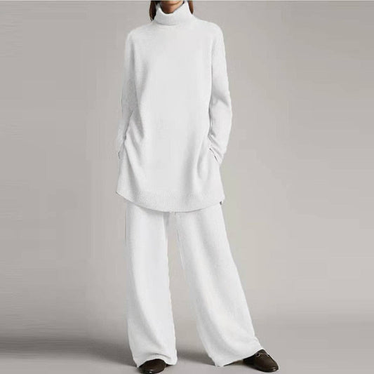 Damen weißer Strickpullover und Hose Set, lässig, bequem, modisch, Herbst-Winter-Outfit.