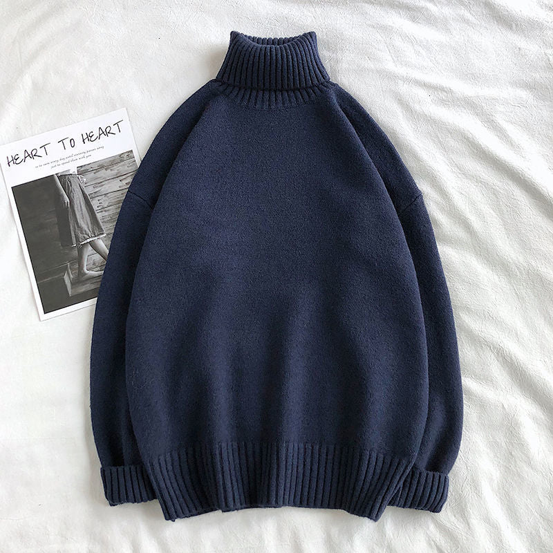 Dunkelblauer Rollkragenpullover aus Wolle, Unisex, warm, modisch, Herbst-Winter-Kleidung.
