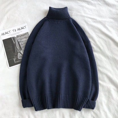 Dunkelblauer Rollkragenpullover aus Wolle, Unisex, warm, modisch, Herbst-Winter-Kleidung.