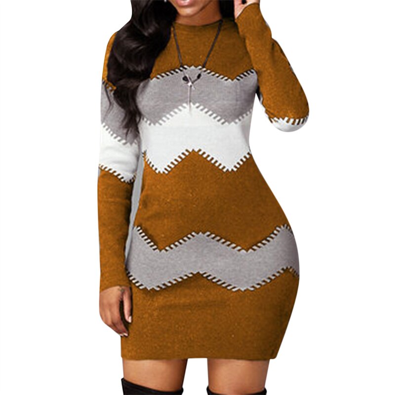 Damen Strickkleid, braun-grau, Zickzackmuster, langärmelig, figurbetont, modisch.