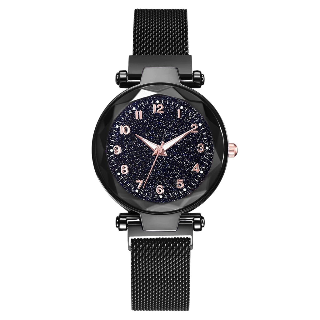 Schwarze Damenarmbanduhr mit glitzerndem Zifferblatt, Edelstahlarmband, modisches Design.