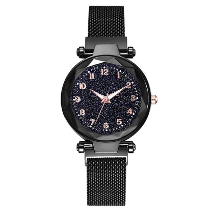 Schwarze Damenarmbanduhr mit glitzerndem Zifferblatt, Edelstahlarmband, modisches Design.