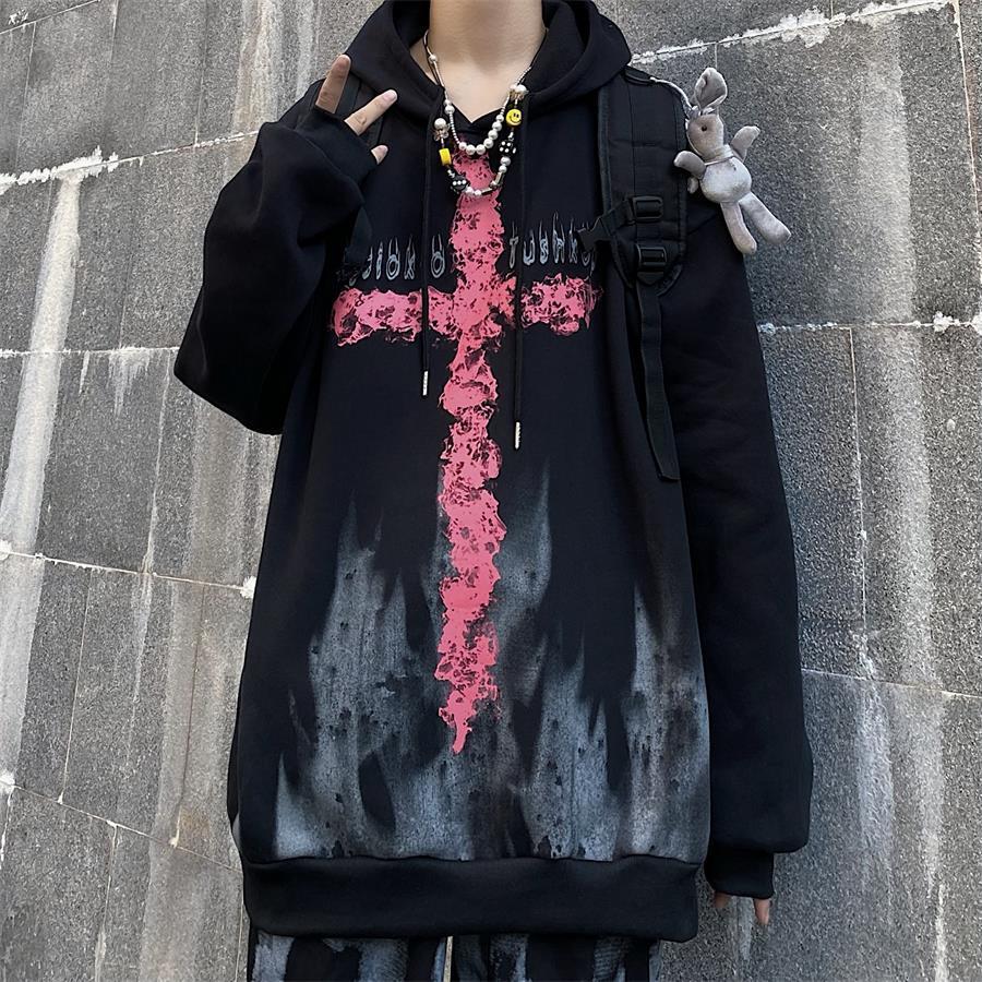 Schwarzer Hoodie mit rotem Kreuz, Unisex, Baumwolle, Streetwear, lässig, modisch, Kapuzenpullover.