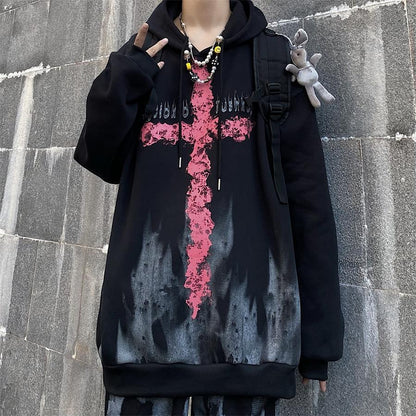 Schwarzer Hoodie mit rotem Kreuz, Unisex, Baumwolle, Streetwear, lässig, modisch, Kapuzenpullover.