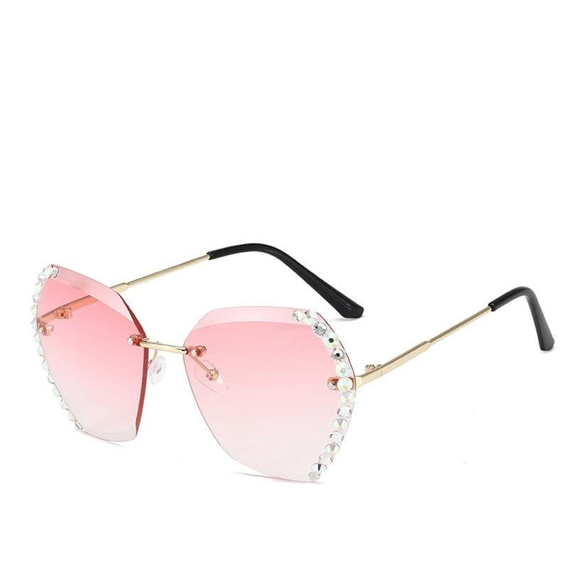 Rosa Sonnenbrille Damen, randlos, mit Strass, modisch, UV-Schutz, goldene Bügel.
