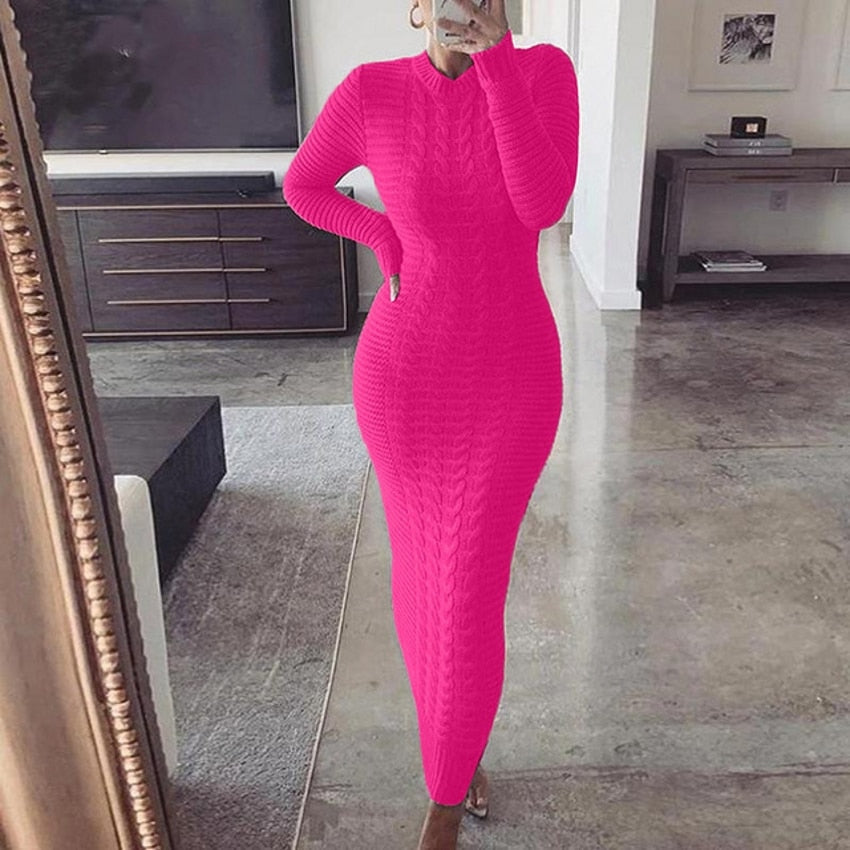 Fuchsia Strickkleid Damen, langärmelig, figurbetont, modisch, Wohnzimmer-Hintergrund