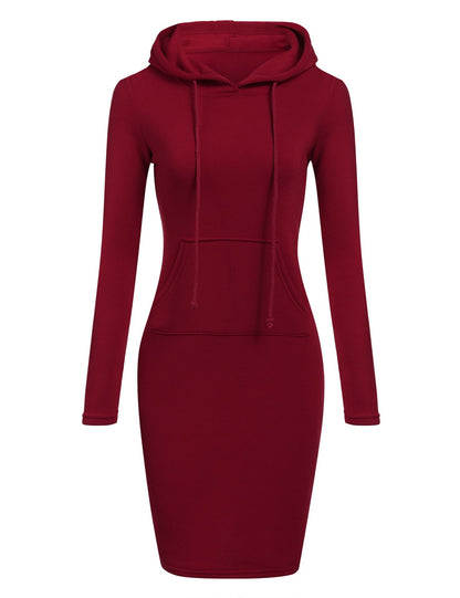 Rotes Kapuzenkleid Damen, langärmelig, Baumwolle, Freizeitmode, Herbst Winter Outfit.