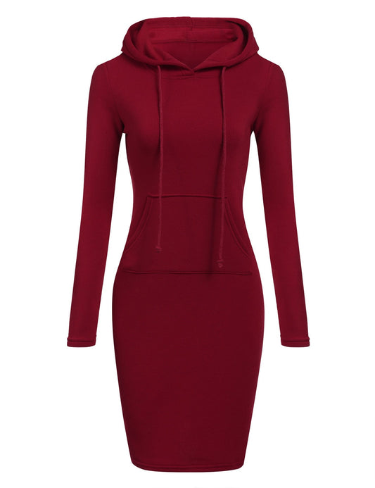 Rotes Kapuzenkleid Damen, langärmelig, Baumwolle, Freizeitmode, Herbst Winter Outfit.