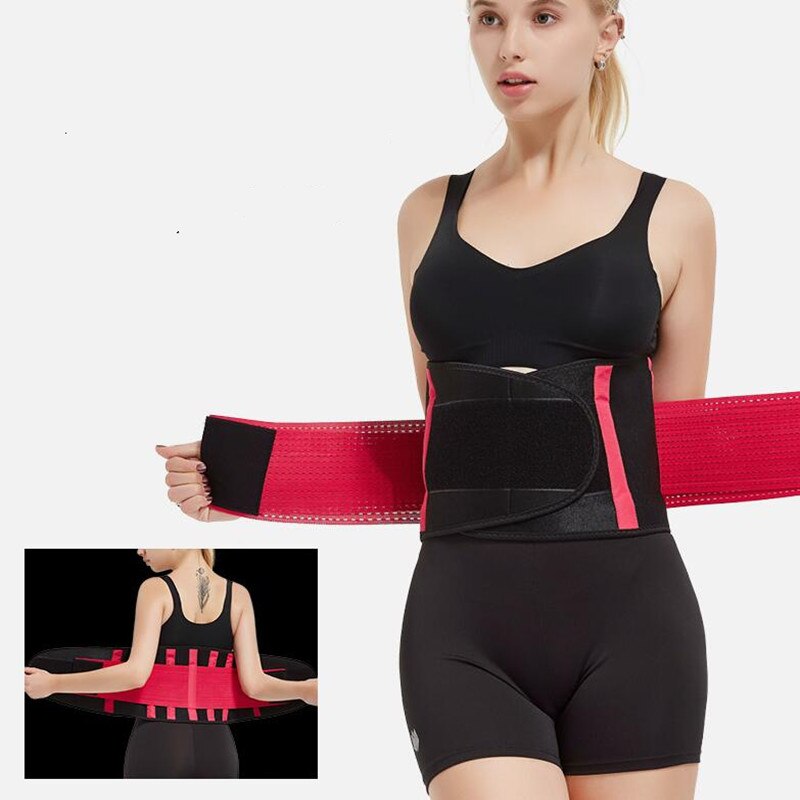 Frau trägt schwarzen Taillentrainer mit rotem Gürtel, Fitness, Abnehmen, Sportbekleidung.