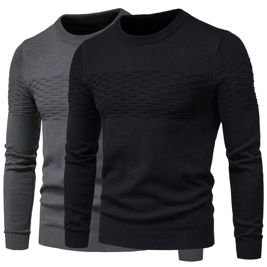 Zwei Herrenpullover, schwarz und grau, Strickmuster, Rundhalsausschnitt, langärmelig.