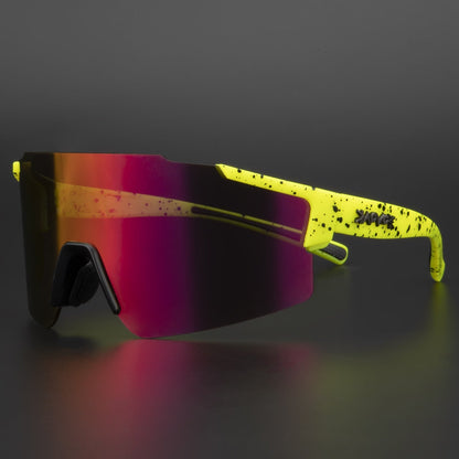 Neongelbe Sportsonnenbrille mit verspiegelten Gläsern, ideal für Radfahren und Outdoor-Aktivitäten.