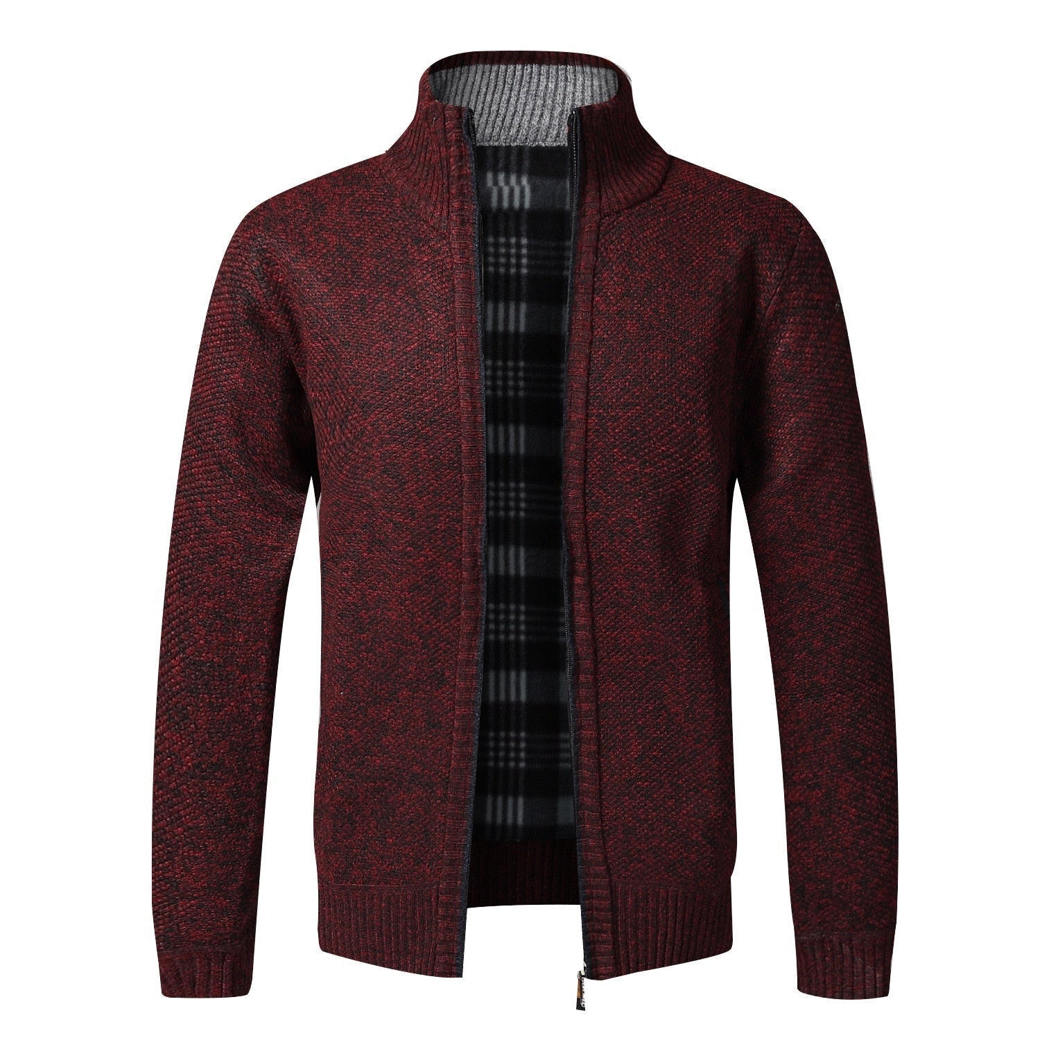 Roter Herren-Strickjacke mit Reißverschluss, Stehkragen, kariertes Innenfutter, Wintermode.