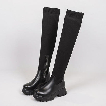 Schwarze Damen-Stiefel, kniehoch, Leder, Reißverschluss, modisch, robust, Herbst-Winter.