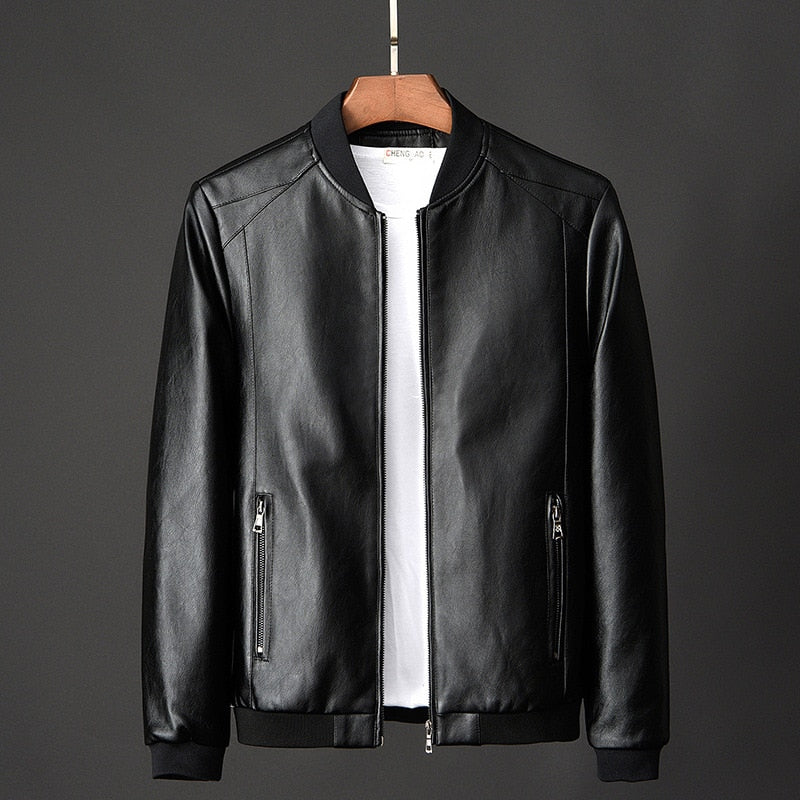 Schwarze Lederjacke für Herren, Reißverschluss, modisch, klassisches Design.