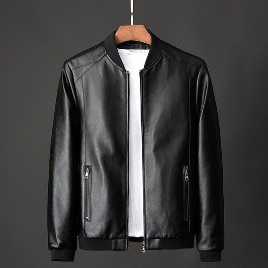 Schwarze Lederjacke für Herren, Reißverschluss, modisch, klassisches Design.