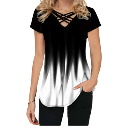 Damen T-Shirt schwarz-weiß, V-Ausschnitt, Kurzarm, Ombre-Design, Freizeitmode.