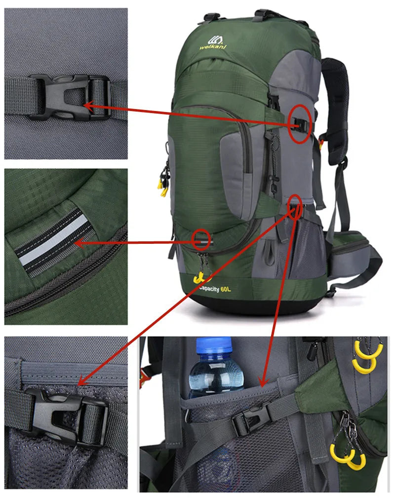Grüner Wanderrucksack 60L, wasserdicht, mit Schnallen, Taschen, ideal für Outdoor-Abenteuer.
