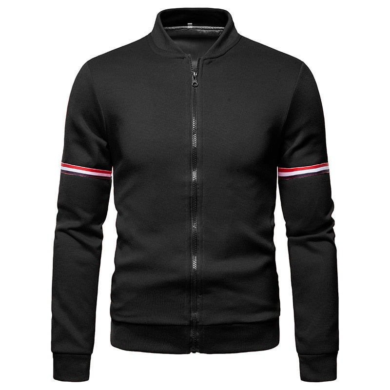 Schwarze Herrenjacke mit Reißverschluss, rotem Streifen, sportlich, modisch, Baumwolle.