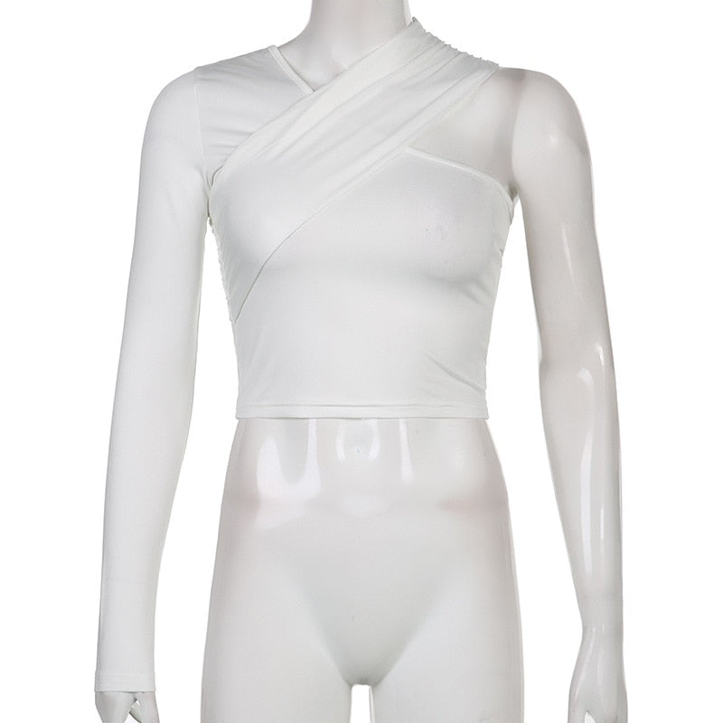 Weißes asymmetrisches Damen-Crop-Top, einarmig, modisch, elegant, Polyester.