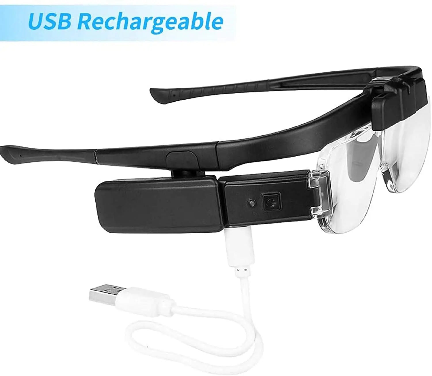 Schwarze USB wiederaufladbare Lupenbrille mit LED-Licht, ideal für Präzisionsarbeiten.