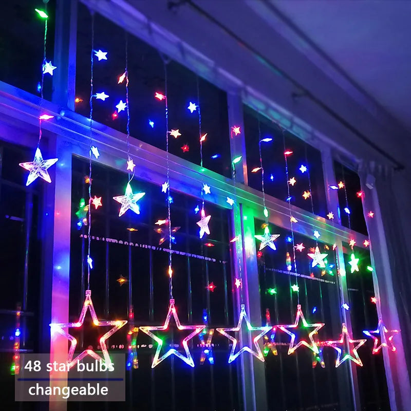 LED Sternenlichterkette, bunt, 48 Sterne, Fensterdekoration, wechselbar, Partybeleuchtung