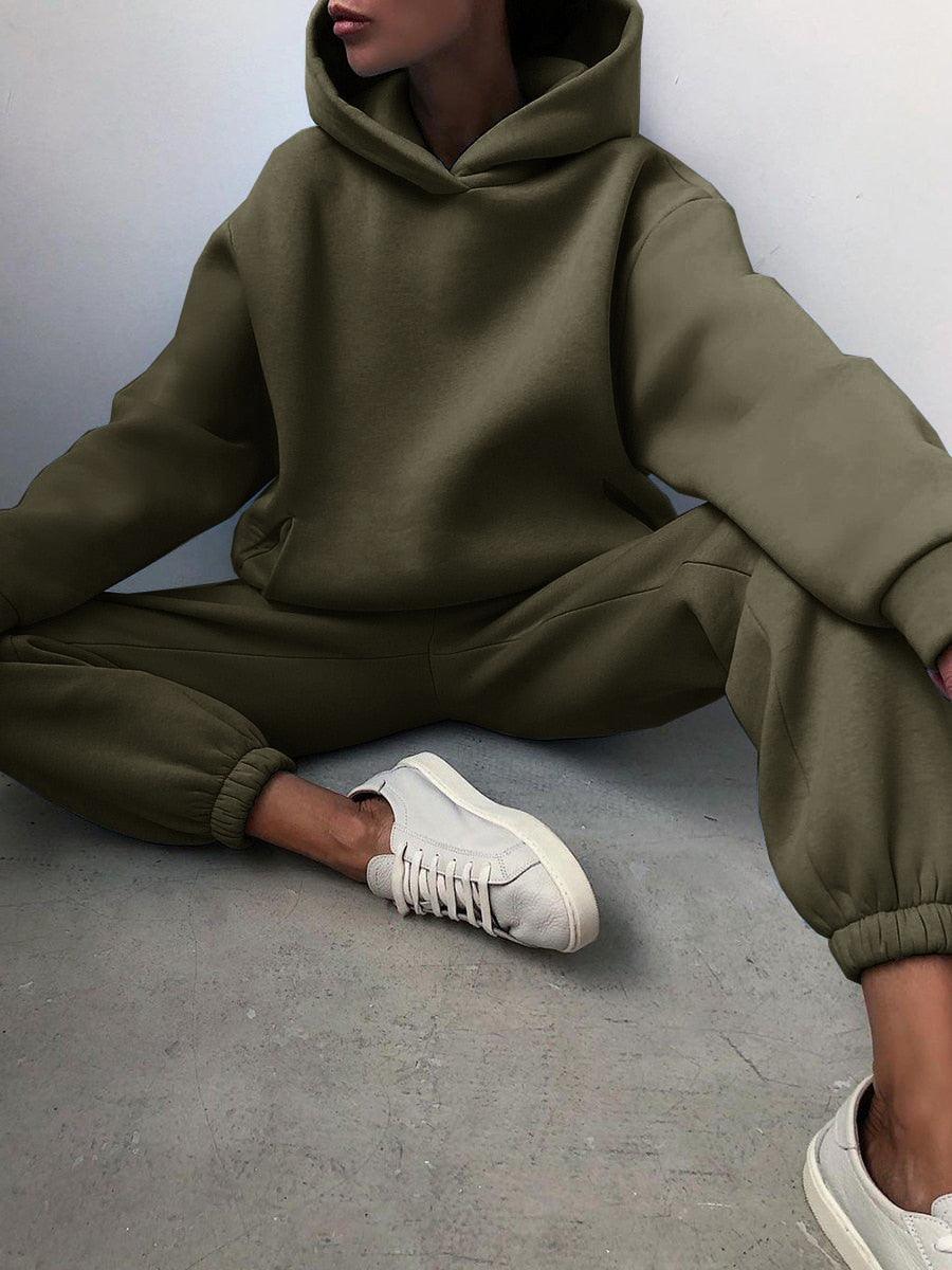 Damen-Oversize-Hoodie und Jogginghose Set, olivgrün, lässig, bequem, Freizeitmode.