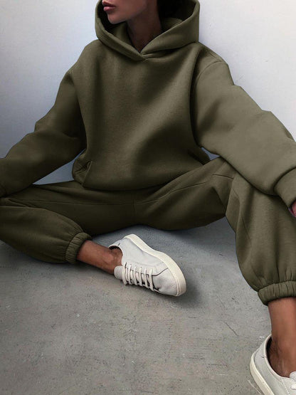 Damen-Oversize-Hoodie und Jogginghose Set, olivgrün, lässig, bequem, Freizeitmode.