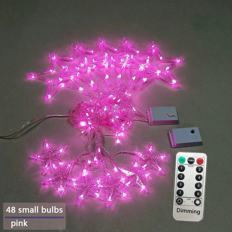 Rosa LED-Sternlichterkette mit Fernbedienung, 48 kleine Glühbirnen, dimmbar.