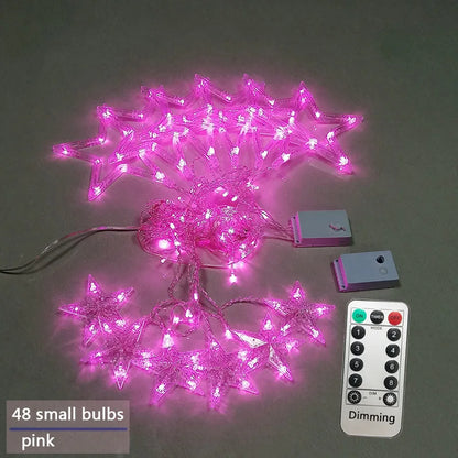 Rosa LED-Sternlichterkette mit Fernbedienung, 48 kleine Glühbirnen, dimmbar.