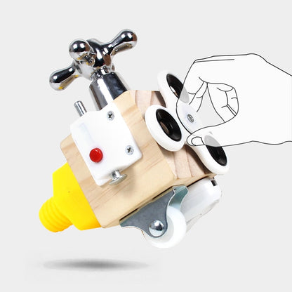 Holzspielzeug Fidget Cube mit Metallgriff, gelber Basis, Handillustration, Stressabbau.
