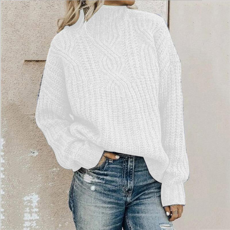 Damen Strickpullover weiß, Zopfmuster, Rollkragen, lässig, modisch, Herbstmode.