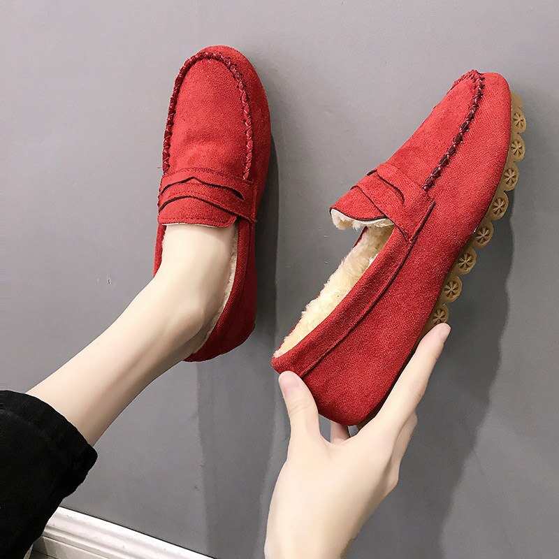 Rote Wildleder-Mokassins für Damen, rutschfeste Sohle, bequem, modisch, Freizeit-Schuhe.