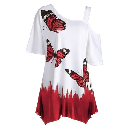 Weißes Damen-Shirt mit roten Schmetterlingen, asymmetrischer Schnitt, Sommermode, Baumwolle.