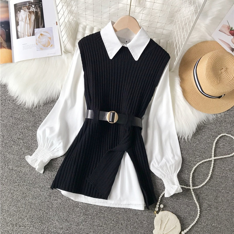 Schwarzes Strickkleid mit weißer Bluse, Gürtel, Damenmode, elegant, stilvoll, Herbst-Outfit.