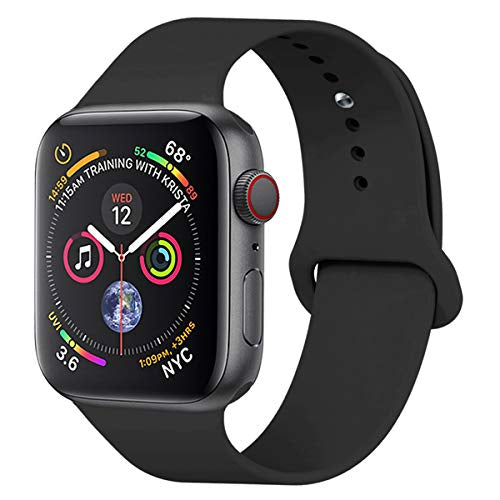 Schwarze Smartwatch mit rundem Display, Fitness-Tracking, Wetteranzeige, Silikonarmband.
