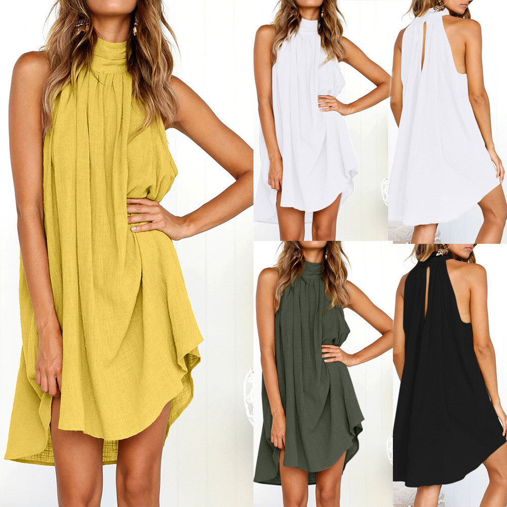Ärmelloses Sommerkleid Damen, locker, gelb, weiß, grün, schwarz, knielang, Freizeitmode.