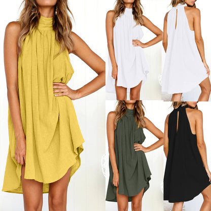 Ärmelloses Sommerkleid Damen, locker, gelb, weiß, grün, schwarz, knielang, Freizeitmode.
