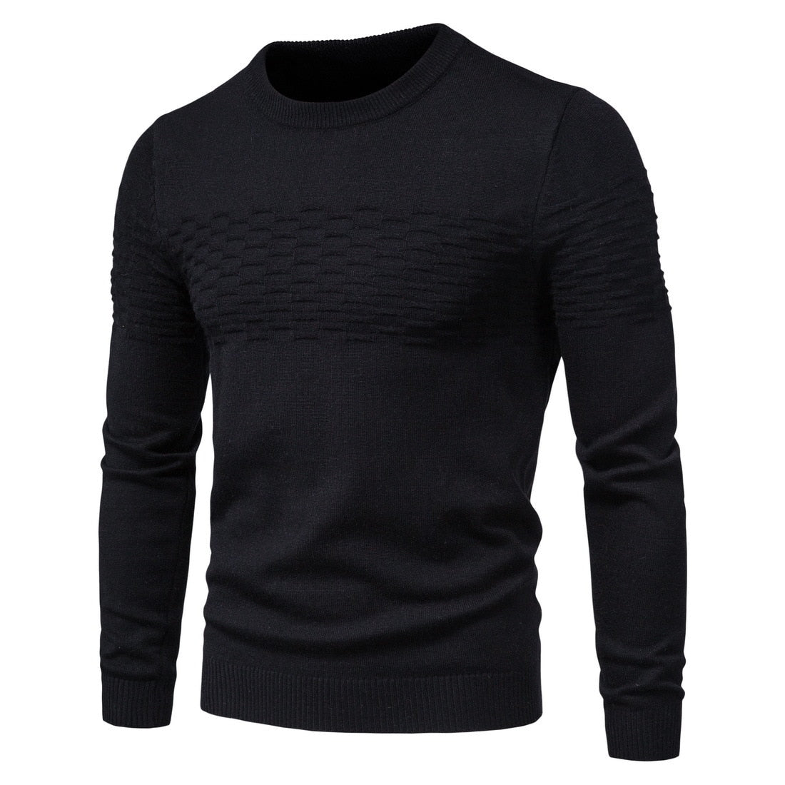 Schwarzer Herrenpullover, Strickmuster, Rundhalsausschnitt, langärmelig, modisch, warm.