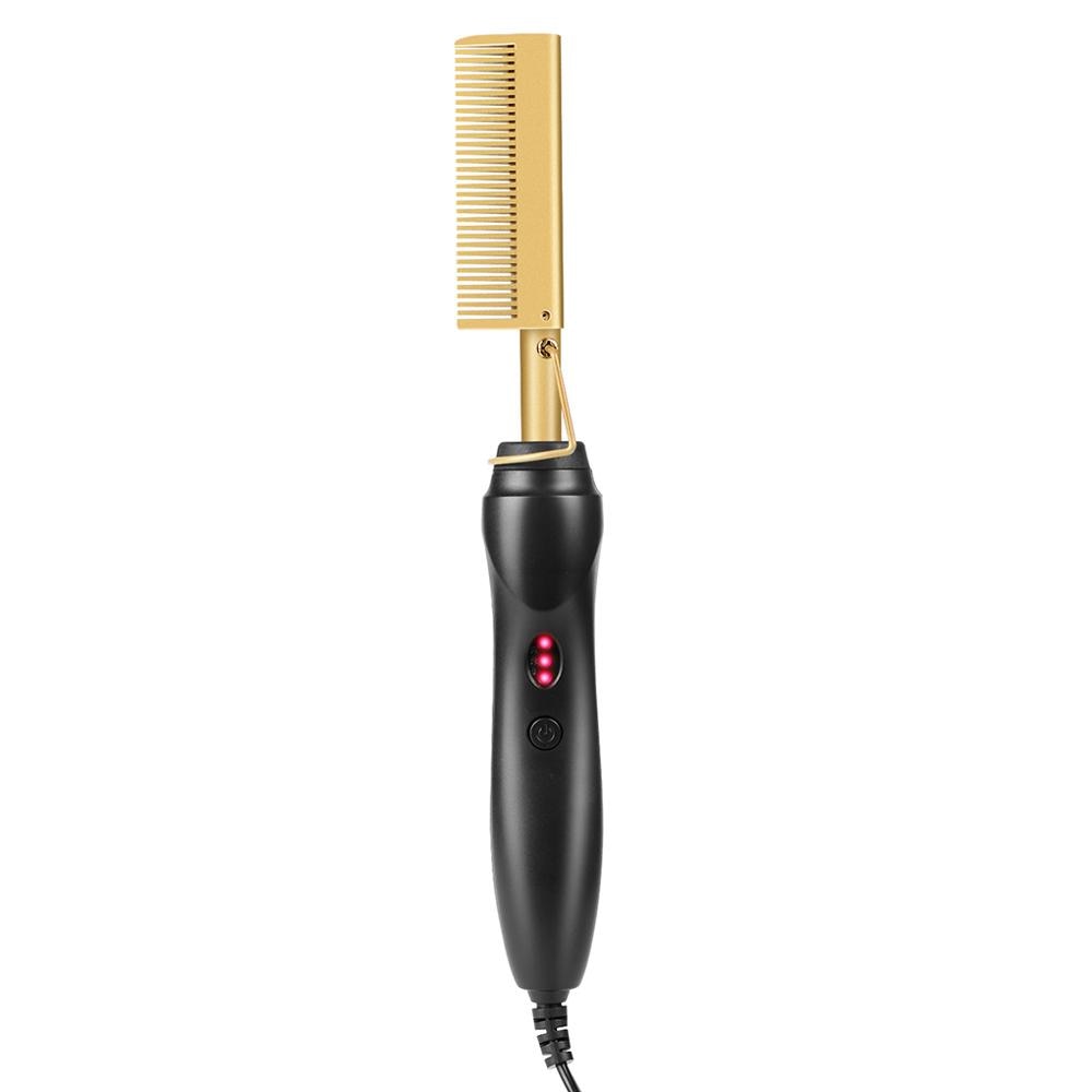 Elektrischer Haarkamm, schwarz-gold, beheizt, für Styling und Glätten, Friseurwerkzeug.